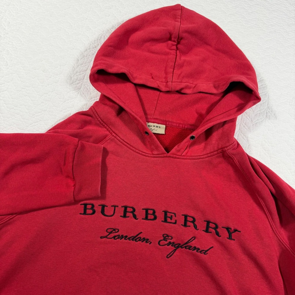 Burberry London England Hoodie Women XL Red Embroidered Logo Distressed Pullover